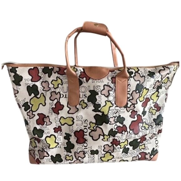 Womens Multicolor Print Tote Bag with Tan Leather Handles & Accents - Picture 2 of 16